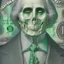 Placeholder: a head and shoulders portrait of a skeleton dressed in a three-piece suit as the president of the united states, based on us currency, united states one dollar bill, shades of green, real-life, colors match the united states one dollar bill, realistic, robotic,