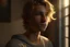 Placeholder: An atmospheric portrait of an athletic teen boy with honey brown eyes, messy golden blond hair, cute, innocent and thoughtful, leaning against a window, a hint of facial hair, sleeveless shirt, inside an empty room with warm sunlight streaming in, detailed, high definition, 4K, 8K, quality render