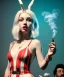 Placeholder: Ultra realistic photographic party portrait, sound club, wide-angle lens, couple, cinematic, happy blonde woman smoking a shisha pipe, accompanied by big white rabbit friend, hot, circus dress style, marihuana plants, color smoke, soft color, highly detailed, unreal engine 5, ray tracing, RTX, lumen lighting, ultra detail, volumetric lighting, high definition.