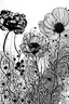 Placeholder: Ink drawing of abstract flowers, line drawing, black and white