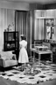 Placeholder: A tall housewife looking down at a doll house on the floor of a 1950s living room. In the style of the 1950s black-and-white movie The Incredible Shrinking Man.