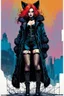 Placeholder: Create a fine art print , full body illustration of an epic fantasy Gothpunk Girl , with finely lined and detailed facial features, in a ragged fox fur coat, fishnet stockings ,battered combat boots, , in the comic book style of Bill Sienkiewicz, Philippe Druillet, and Jean Giraud Moebius, precisely drawn, colored and inked