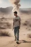 Placeholder: A wounded 25-year-old boy in a men's sports tee is walking in the desert with his head down, smoking a cigarette, and a scene of destruction is unfolding behind him