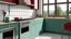 Placeholder: kitchen with celadon red furniture, on the left side by the window from the bottom up, a microwave and an oven installed in the furniture, and on the right side and next to it an induction hob and a cooker hood above it, on the right side there is a sink and a dishwasher underneath it