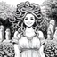 Placeholder: Make black and white cute drawing of a Medusa with black bold lines. Only outline, no grayscale. A Medusa with a head full of smiling, tiny snakes, instead off a hair! She’s standing in a garden of stone statues that she has lovingly decorated with flowers, showing a gentle personality.