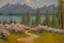 Placeholder: Sunny day, mountains, flowers, pathway, pine trees, lake, distant trees, theodore robinson impressionism painting