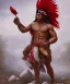 Placeholder: Guaicaipuro, native american god warrior, long black hair, big muscles, red feathers headdress, shirtless, holding a stone tip spear