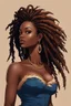 Placeholder: create a silhouette art illustration of a curvy black female wearing Tight blue jeans and a hazel brown off the shoulder blouse. Prominent make up with long lashes and hazel eyes. She is wearing brown feather earrings. Highly detailed long black shiny dread locs