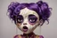 Placeholder: full color, illustration of a darkpurple and gold tones, menacing, Singer Melanie Martinez face, as a decayed, broken, crude homemade cloth doll toy, with a narrow cracked porcelain face, thick dark eyebrows, hair in two gradually, made from ragged strips of cloth, in the style of Alex Pardee, Tim Burton, and Nadya Sheremet