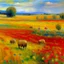 Placeholder: A field with flowers, haystacks, and animals in aboriginal art painted by Claude Monet