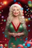 Placeholder: Christmas Themed -- text "Merry Christmas," Multicolored 3D Bubbles, multicolored, Floating 3D hearts with an electrical current, fog, clouds, somber, ghostly mountain peaks, a flowing river of volcanic Lava, fireflies, a close-up, portrait of Dolly Parton as Mrs. Santa Claus, smiling a big bright happy smile, wearing a red bikini with white ruffles, black fishnet stockings, black, knee-high platform boots, in the art style of Boris Vallejo