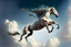 Placeholder: antrophpmorphic half-human, half-horse creature (Centaur) with human head flying after a dynamic jump in the sky