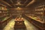 Placeholder: inside of a medieval shop, wooden walls, log pillars, stone bar with shop keeper behind it, magical ingredients on display and weapons on display. people, elves, goblins, orcs, dwarves and lizard folk in room. low lighting and creatures in containers. shelves half empty