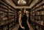 Placeholder: full-height shot of a woman in a tight black dress, inside a large magic book shop, books, bottles, windows