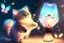 Placeholder: cute chibi fluffy beige bioluminescent cat playing with colorful flying butterflies dynamic movements next to a glowing tiffany lamp in a modern room