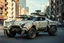 Placeholder: A car that's a hybrid between a organic crab and a mecanic tank, robotic, ready for battle, worn-out, with large rims and tires, fully mechanical, on a street in post-apocalyptic cities.