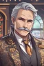 Placeholder: Man with gray hair, brown eyes, fancy mustache, nice suit, casino background, RWBY animation style