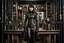 Placeholder: full-length pale dark-haired woman with a straight bob hairstyle with a fringe, in a steampunk leather outfit, and gloves, standing in a laboratory