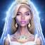 Placeholder: portrait of a beautiful somalian woman with an angel face smiling,long blond hair, blue eyes, pink and blue dress, jewels, soft light aura