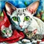 Placeholder: Surreal mixed-media combining wet watercolor, tempera paint, and fine line pen drawing of a wedge shaped face, large ears, green eyed, blue and white mackerel tabby, Oriental Shorthair and a chocolate point Siamese cat sitting together on a blanket with toy red mouse and at xmas time