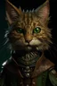 Placeholder: A realistic humanoid cat, with scruffy tabby fur, wearing a leather doublet, green eyes and tattered ears