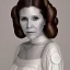 Placeholder: hyperspace background, complete and photo realistic detailed head to waist stunning photo realistic portrait of carrie fisher as Princess Leia in star wars with photo realistic wedding hairstyle by Mandy Jurgens and mucha and Richard Schmid and chuck close and chie yoshii, extraordinary and detailed ceremony dress of star wars,brown eyes