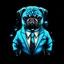Placeholder: cute pug in suit in neon blue, white and gray colours melt lava circle in black background