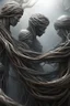 Placeholder: a tangle lots of human figures entwined between a twisted thin piece of cloth, as part of many twisted branches disappearing into the distant mist, epic photo, sharp on highly detailed skin with wrinkles and high contrast, photorealistic, 4K, 3D, realism, hyperrealism, detailed, good lighting, detailed texture, modern photography style, 3D, 4D, 4K --2:3