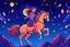 Placeholder: a long, brown-haired girl rides a horse dynamically across the night sky, leaping over a pile of different cookies. Shining moon, in starshine