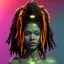 Placeholder: Pretty cyber woman, rasta hair, sci-fi, rounded face, black, gold, brown, samurai style, retro, simetric, neon style, a lot of led lights, fog, rain, leather, vibrant color, highly detailed, art stations, concept art, smooth, unreal engine 5, god rays, ray tracing, RTX, lumen lighting, ultra detail, volumetric lighting, 3d, finely drawn, high definition, high resolution.