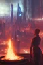 Placeholder: in the foreground two glasses of alcohol on a table in the background a ( futuristic ) city in flames, realistic, high definition, no people in the image!!!, 4 k, shimmering color, cinematic light, hyper detailed, art by greg rutkowski and magali villeneuve and artgerm