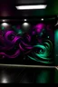Placeholder: Create a handpainted geometric wall mural inspired by a cosmic explosion. Incorporate swirling patterns in shades of purple and magenta, with pops of electric green on a black background. The mural should convey a sense of vibrant chaos and interstellar energy."