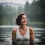 Placeholder: photography of a beautiful and happy woman, standing in lake water, eyes closed, meditation, white top, yoga flyer, brunette short wavy bob haircut, serenity, misty, relaxing image, white misty colors, foggy sunlight