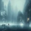 Placeholder: one children lost in big city empty dark village, fog, particle, rain