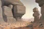 Placeholder: Grey sky, planet in the sky, rocks, cliffs, sci-fi, rocky arid land, 90's sci-fi movies influence, rodolphe wytsman and friedrich eckenfelder impressionism paintings