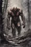 Placeholder: a stupid and crazy stone giant walks through the forest and breaks, vivid emotions, watercolor, photorealism, dark fantasy, bad weather, gloomy day, dark world, sketch art, fine lines, grunge, sensual, darkness, by Raymond Swanland & Alyssa Monks & Anna Razumovskaya