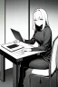 Placeholder: thin hacker girl use a laptop on a table sitting in a cafe, line arts, greyscale