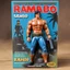 Placeholder: A photograph of a pristine action figure encased in its packaging, evoking a sense of collectible wonder, styled after a vintage toy advertisement. The box prominently displays "Rambo" in bold, stylized lettering, with the action figure inside clearly resembling Sylvester Stallone as Rambo, possessing his iconic features and a lean, athletic build, confidently holding a pistol and a knife