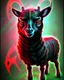 Placeholder: Comic book art style black lamb with red eyes, contrasting green meadow, cartoonist, digital portrait, dark fantasy, black iridescent skin, holographic, shiny, PVC texture, wet look, anime, gothic