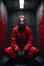 Placeholder: A scary gothic person sits quietly in the middle of a soundproof, padded room conveying intense dramatic emotions in a muted environment, wearing a bright red straitjacket , a mask to cover the mouth area of cannibal evil scary, dark and gothic look, cold eyes, eary ultra detailed,.32k, digital art style with messy paint, hardened sealer appearance, impasto, dramatic Arial view with explosive chaotic background