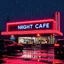 Placeholder: captivating high-resolution image of glowing neon diner sign reading "NIGHT CAFE," vibrant UV-reactive neon colors on a rainy night. The bright red neon track lighting wraps around the roof, creating a mesmerizing glow. Bustling parking lot is full. puddles reflecting the dazzling neon lights. HD, mind-bending artistic photography. rendered in stunning high resolution