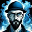 Placeholder: styl komiksowy, łysy chłopak z ciemną brodą i niebieskimi oczami i okularami i z czarnym kapeluszem na głowie młody dorosły. W tle czarno niebieski dym.