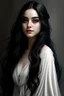 Placeholder: a 16 year old woman, white skin, long wawy black hair, beautiful face, black eyes, in a white dress, realistic epic fantasy style