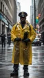 Placeholder: retro nypd full body color blackman policeman wtih exosqueleton with heavy yellow rain transparent coat with riffle