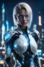 Placeholder: Woman with Blonde Hair, glowing blue cybernetic eye, right black cybernetic arm, white open coat, thin silver armor underneath night, city background, high detail, 4k, small cables protruding from the back