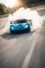 Placeholder: Facing front Sports car drifting around a corner, motion blur, narrow depth of field, lens flare, dynamic angle, asphalt spray, high octane energy