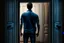 Placeholder: man in jeans and a shirt, back to the camera, standing in a row of doors, looking out through a doorway