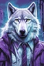 Placeholder: masterpiece, best quality, Siberian Wolf with purple eyes, alley background with graffiti, in the style of japanese manga, duotone, professional quality drawing, ultra detailed, joyful lightning, only two colors purple and white with some shades, half body shot