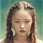 Placeholder: Old Polaroid of devon aoki with red cheeks and nose, braids. in the sun, 1976,