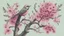 Placeholder: A bird drawing in a tree with a lot of pink flowers.